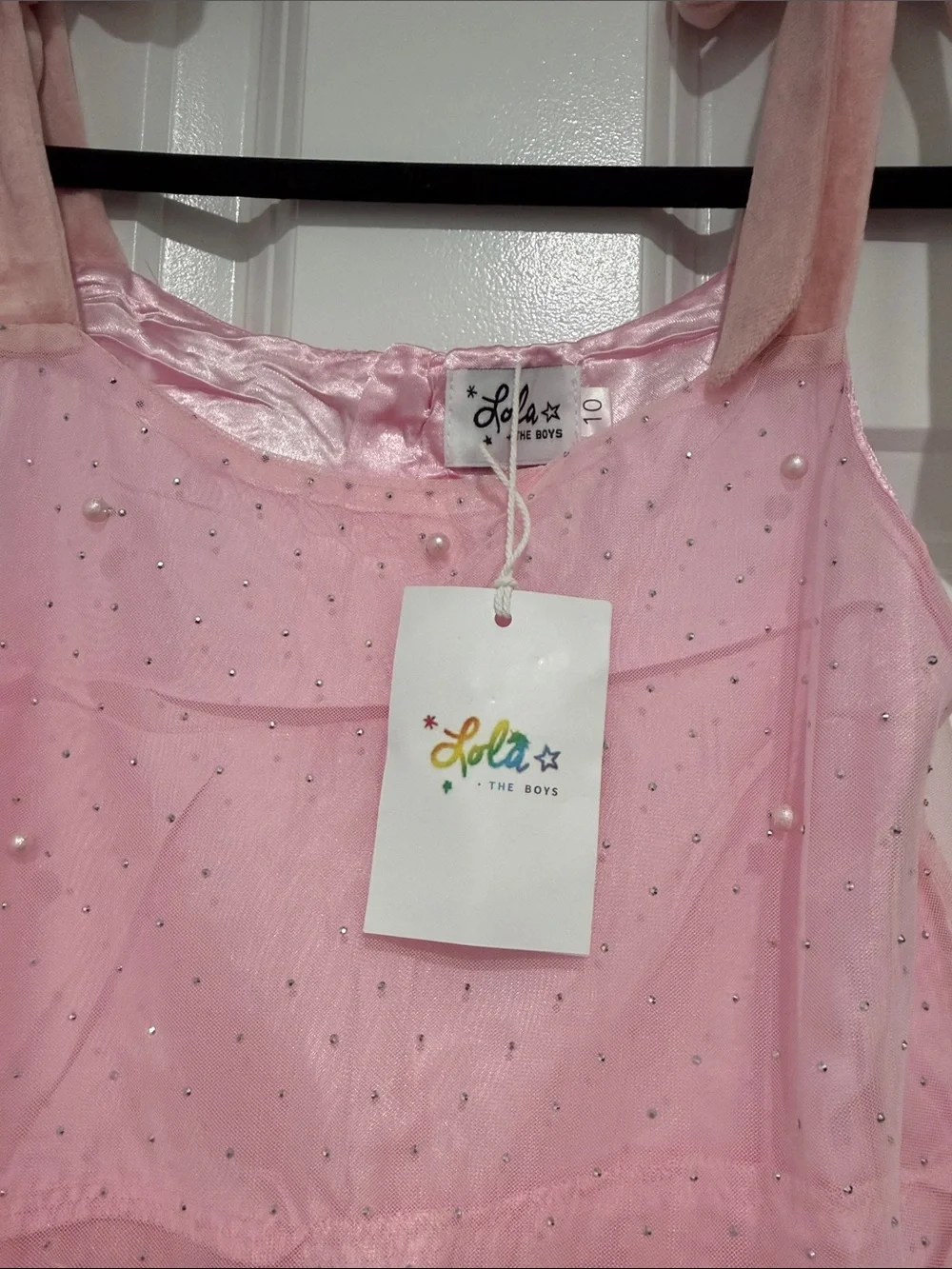 Lola + The Boys Pink Crystal Pearl Tule Tan Dress in Pink